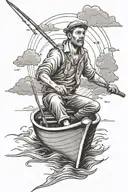a man sitting on a boat sailing forward and fishing between occasion in the day light with clouds on the sky tattoo design idea