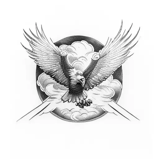 A powerful image of an eagle soaring above stormy clouds, with the words 'I will fear no evil' (Psalm 23:4) boldly displayed beneath it tattoo design idea