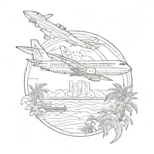 planet with airplane, cruise ship, palm trees and stingrays  tattoo design idea