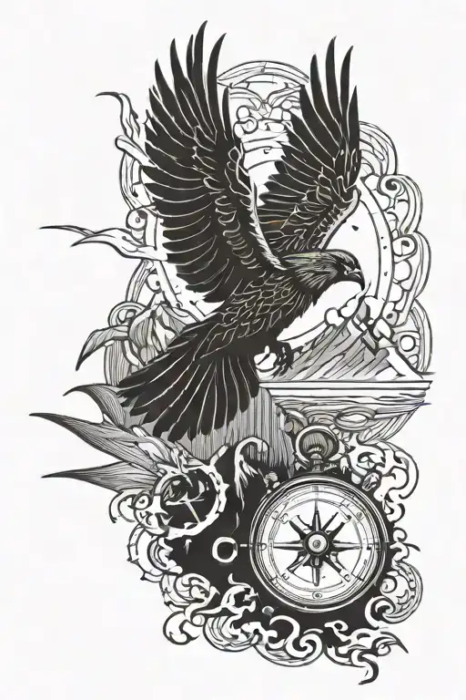 A phoenix bird flying over a mountain range with a compass in its talons tattoo design idea