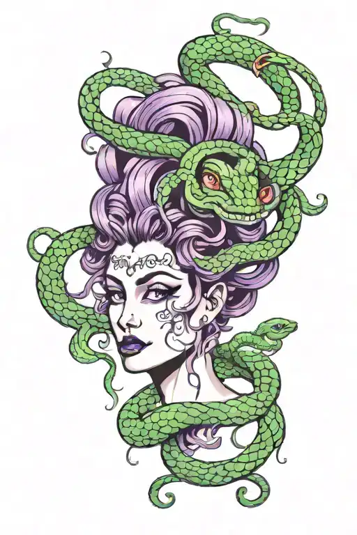 medusa with green eyes and purple snakes  tattoo design idea