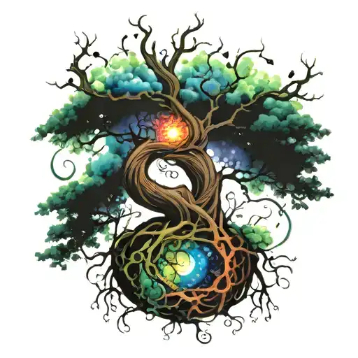 A surreal Tree of Life with twisting branches extending upwards and intricate roots intertwined with a swirling galaxy.  tattoo design idea
