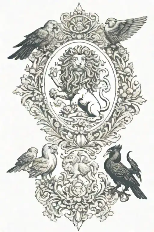 engraving style with lion, crow, phoenix, little angels and mythological designs tattoo design idea