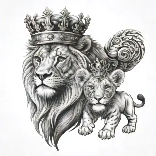 baby lion with king's crown and adult lion behind tattoo design idea