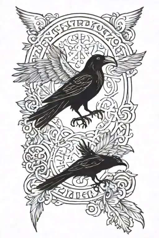 nordic runes and a raven with wings tattoo design idea