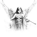 Dark angelic mythological tattoo design, incorporates cooking, playing piano/music in general, and family love tattoo design idea