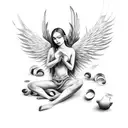 Dark angelic mythological tattoo design, incorporates cooking, playing piano/music in general, and family love tattoo design idea