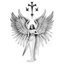 Dark angelic mythological tattoo design, incorporates cooking, playing piano/music in general, and family love tattoo design idea