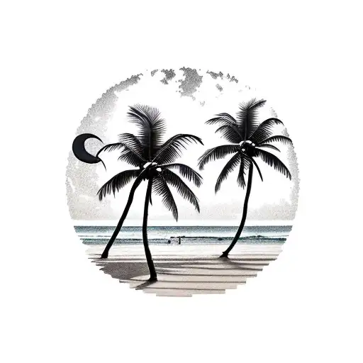 tropical beach scene with palm tree beach house moon beach chairs tattoo design idea