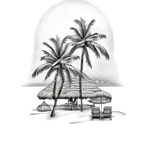 tropical beach  with palm trees, Adirondack chairs, full moon, tiki bar, and busy street tattoo design idea