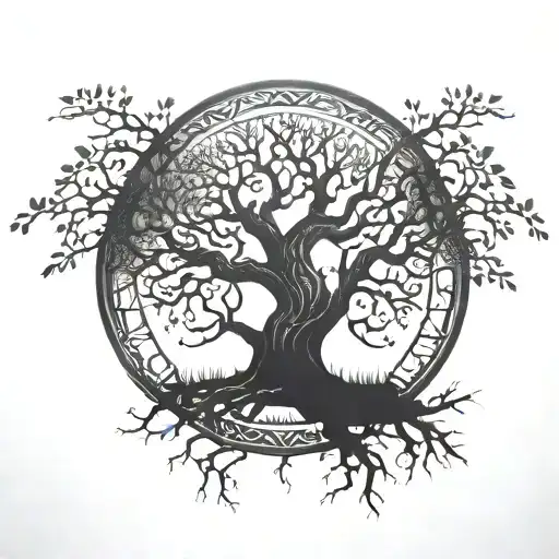 tree of life realism art, with metal band sleep tokens logo in the middle tattoo design idea