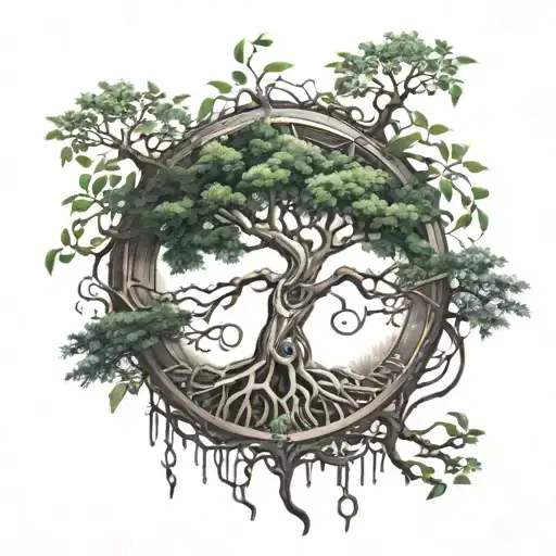 tree of life realism art, with metal band sleep tokens logo in the middle tattoo design idea