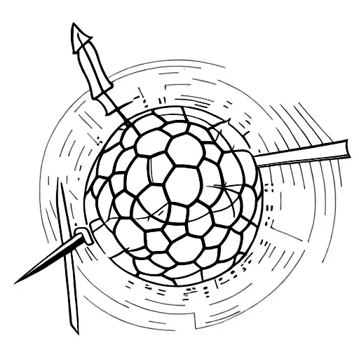 A minimalist tattoo of a sword piercing through a soccer ball, representing the client's interests in swords and soccer. tattoo design idea