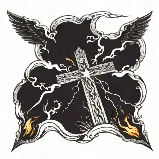 the cross on a field with hand in the form of fire shooting up the heaven with angels flying down to it with their sword tattoo design idea