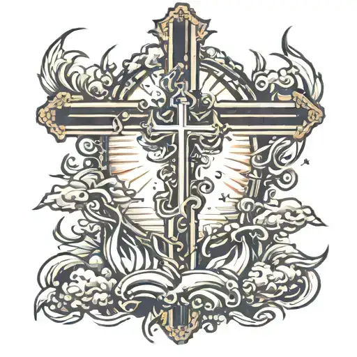 the cross on a field with hand in the form of fire shooting up the heaven with angels flying down to it with their sword tattoo design idea