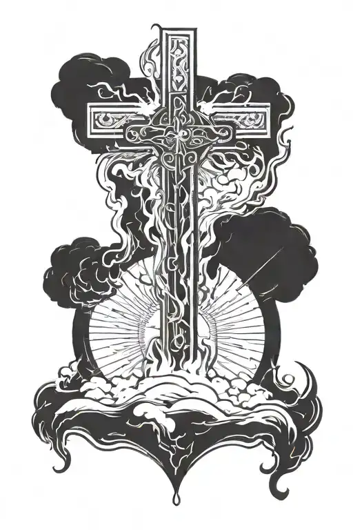 the cross on earth with a hand in the form of fire shooting up to heaven from it tattoo design idea