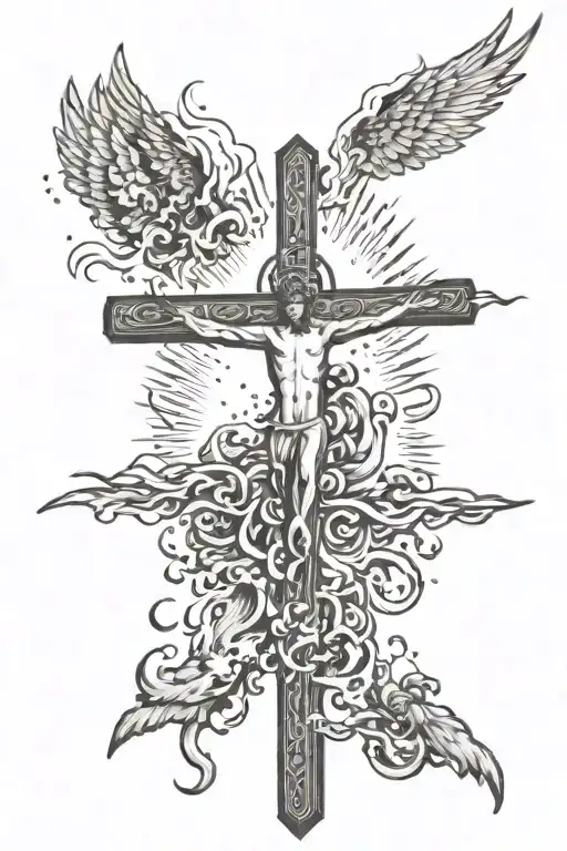 the cross on a field with hand in the form of fire shooting up the heaven with angels flying down to it with their sword tattoo design idea