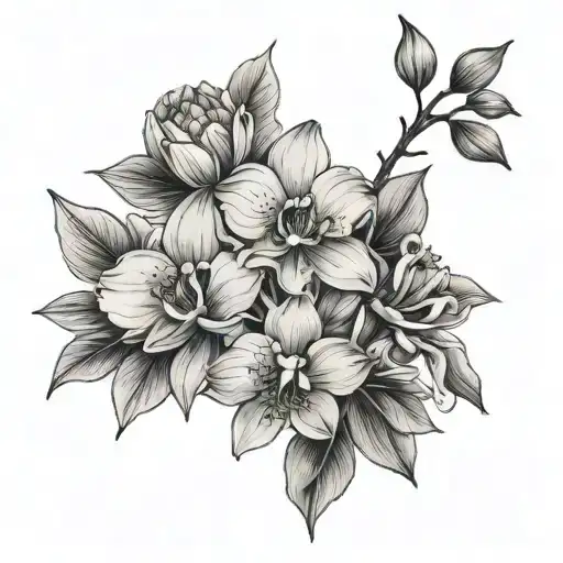 orchid cherry blossom peony eucalyptus tattoo design idea