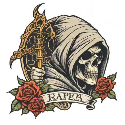 grim reaper with hoodie on head god symbol with a battle quote and rose tattoo design idea