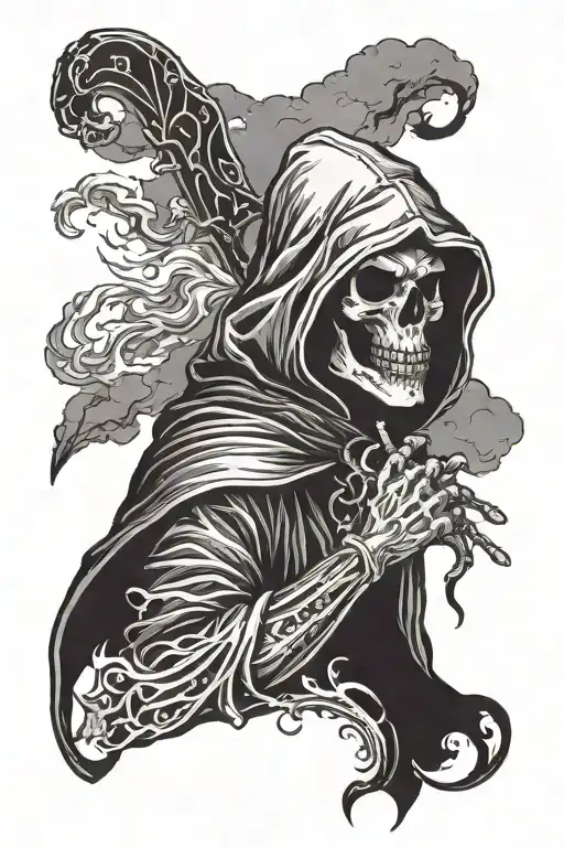 grim reaper with hoodie on head and dark clouds and god soldier quote tattoo design idea