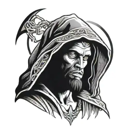 A hooded Jesus surrounded by a mystical aura, with a loyal gorilla by his side tattoo design idea