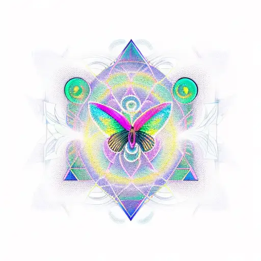 Sacred geometry butterfly surrounded by musical notes in a new-school style tattoo design idea