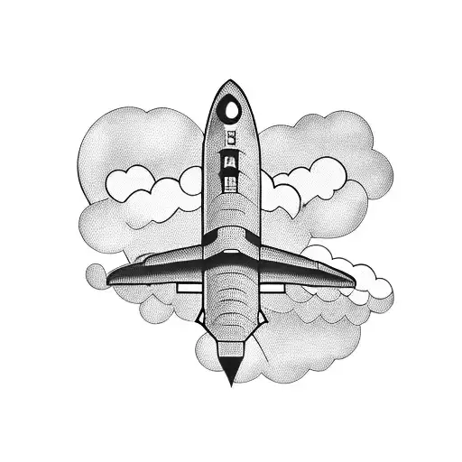 A blackwork tattoo of a vintage airplane soaring through the clouds, with a mobile phone integrated into the design displaying a map and music playlist. tattoo design idea