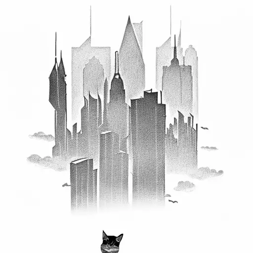 A black-grey tattoo of a paper airplane flying over a cityscape, with a silhouette of a cat sitting on top of the buildings. tattoo design idea