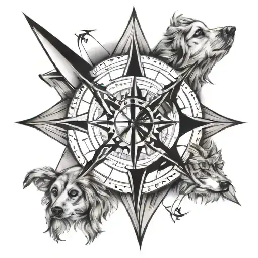 A compass rose with figure skating blades as the directional arrows and a dog's face in the center tattoo design idea