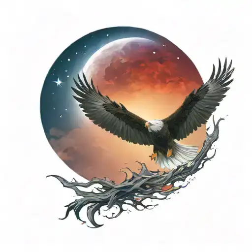 an eagle soaring through the night sky. The star and crescent moon have a red glow behind it.  tattoo design idea