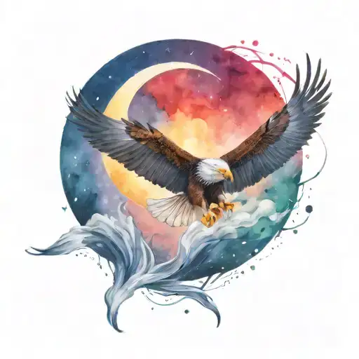 an eagle soaring through the night sky. The star and crescent moon have a red glow behind it.  tattoo design idea