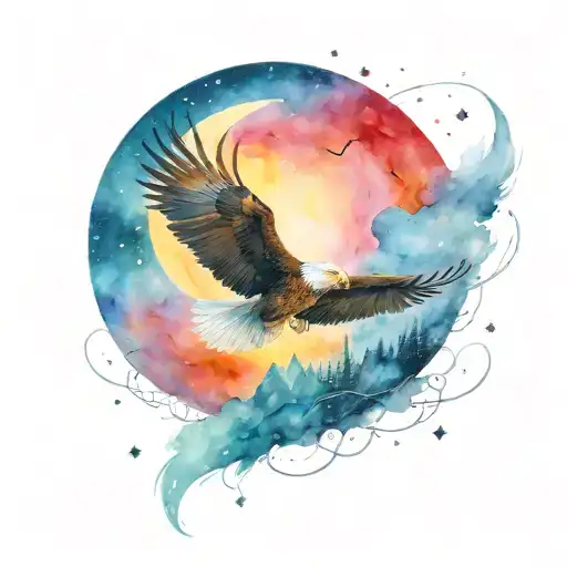 an eagle soaring through the night sky. The star and crescent moon have a red glow behind it.  tattoo design idea