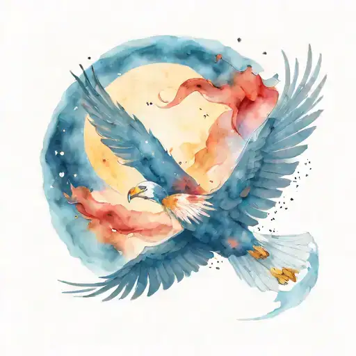 an eagle soaring through the night sky. The star and crescent moon have a red glow behind it.  tattoo design idea