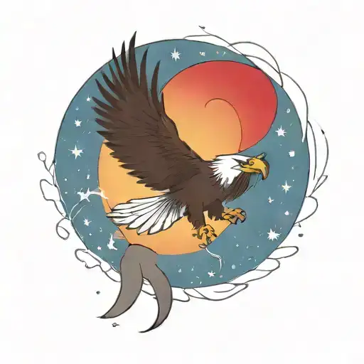 an eagle soaring through the night sky. The star and crescent moon have a red glow behind it.  tattoo design idea