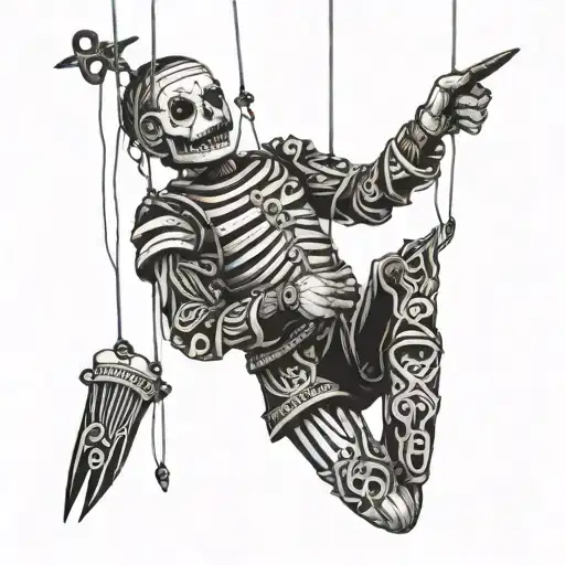 Marionette stabbed with knives on strings tattoo design idea