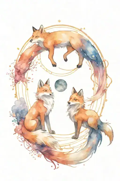 ninetailed fox and moon phases tattoo design idea