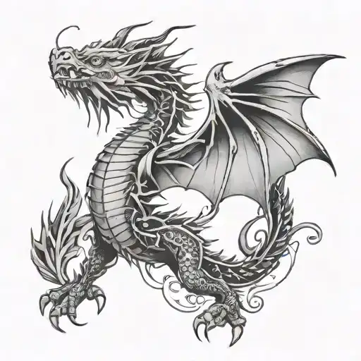 fine line black work dragon with wings tattoo design idea