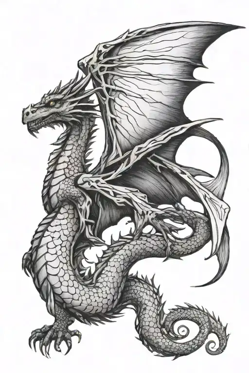 fine line black work dragon with wings tattoo design idea