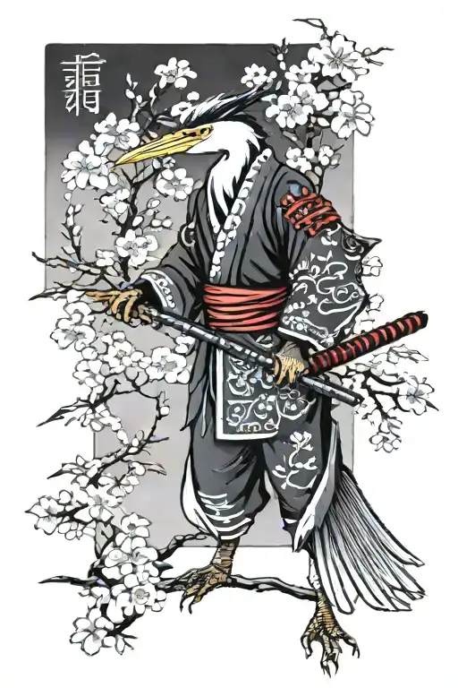 heron samurai against the background of sakura tattoo design idea
