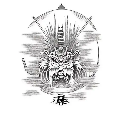 a tall grass from battlefield with a 2 sword wielding samurai, behind him a torri gate and a full moon  tattoo design idea