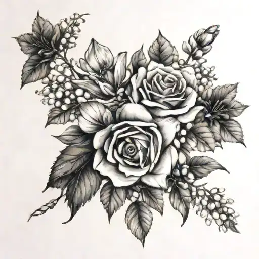rose, honeysuckle, narcissus, lily of the valley, hawthorn bouquet tattoo design idea