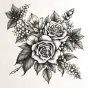 rose, honeysuckle, narcissus, lily of the valley, hawthorn bouquet tattoo design idea