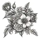 rose, honeysuckle, narcissus, lily of the valley, hawthorn bouquet tattoo design idea