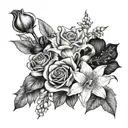 rose, honeysuckle, narcissus, lily of the valley, hawthorn bouquet tattoo design idea