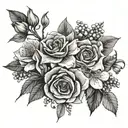 rose, honeysuckle, narcissus, lily of the valley, hawthorn bouquet tattoo design idea