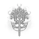 cyberpunk tree buddhist petal structure and viking runes paintbrush swoosh tattoo design idea