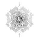 cyberpunk tree buddhist petal structure and viking runes paintbrush swoosh tattoo design idea