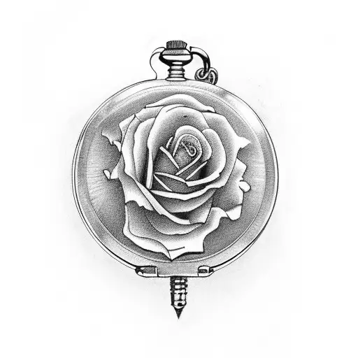 pocket watch and scull and rose tattoo design idea