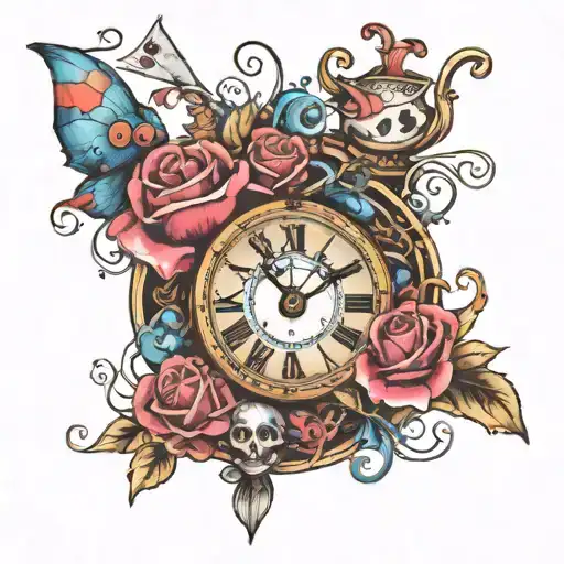 alice in wonderland clocks tattoo design idea