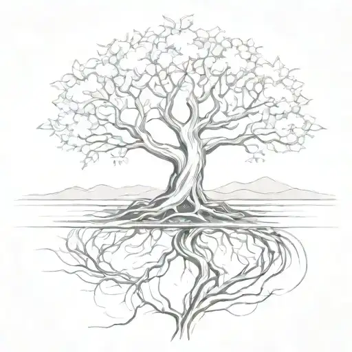 A sketch style tattoo of a tree with roots spreading into a flowing river, symbolizing the healing power of nature tattoo design idea